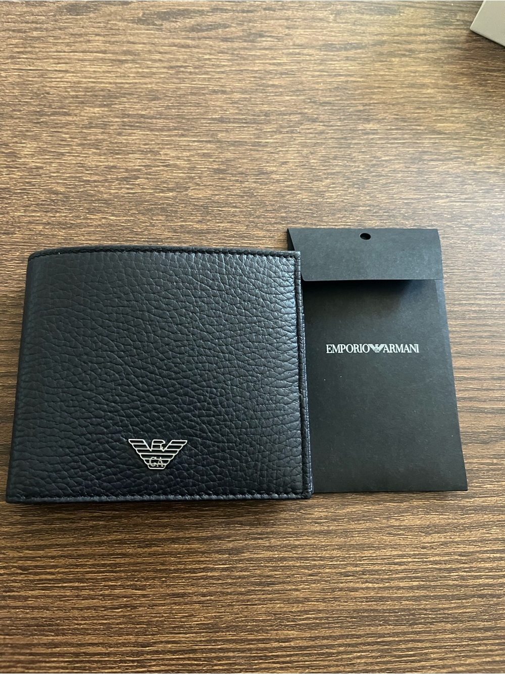 NEW Emporio Armani Navy Pebbled Leather Bi-Fold Wallet with Metal Silver Logo